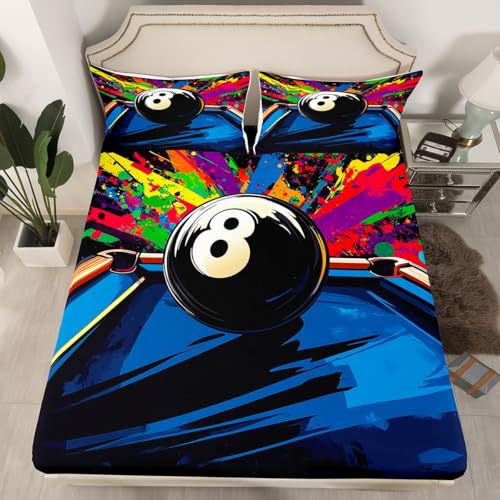 Erosebridal 8 Ball Bed Sheets Billiard Tables Print Fitted Sheet Twin Size,Billiards Sheets for Kids Boys Girls Adults Colorful Graffiti Bed Set - color: Black Blue Yellow Green, size: Twin (No Top/Flat Sheet)