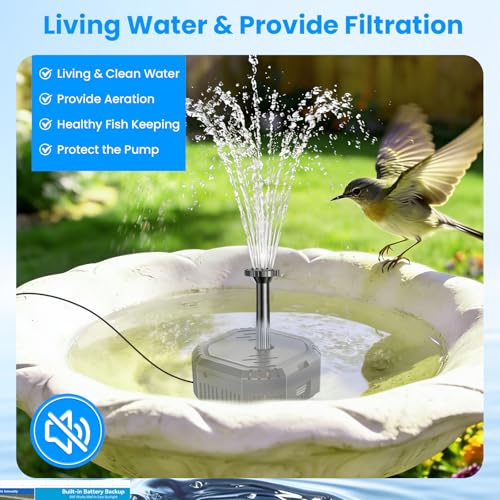 Antfraer 7W Solar Fountain Pump with 3600mAh Battery Backup & Pond Filter, Solar Water Fountain Pump with 8 Nozzles & PVC Tubing, Solar Fountain for Bird Bath, Small Ponds, Waterfall, Hydroponics - style: 7W (Built-in Battery)