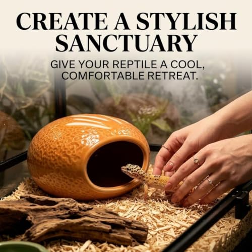 Ceramic Reptile Hide Cave - Cooling Hideout and Terrarium Decor (Pink) | Cooling ceramic hide cave for snakes & geckos.Textured embossed design provides stress-relief & enhances terrarium decor - color: Pink
