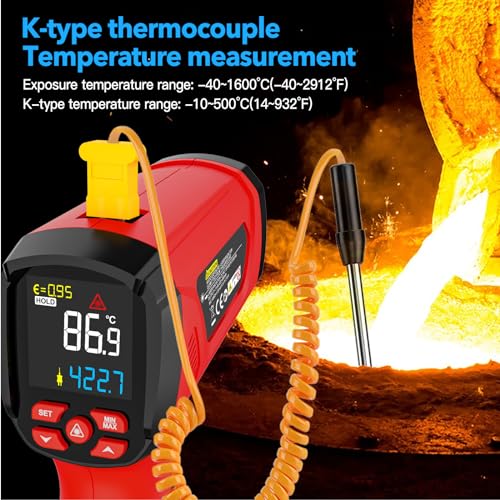 Infrared Thermometer High Temperature Gun -40℉~2912℉, 50:1 Dual Laser Thermometer with Probe 14℉ - 932℉, Digital IR Temp Gun for Cooking, Pizza Oven, Engine, Kiln, Forging, Industrial Use - color: Red -40°F - 2912°F(-40-1600℃)