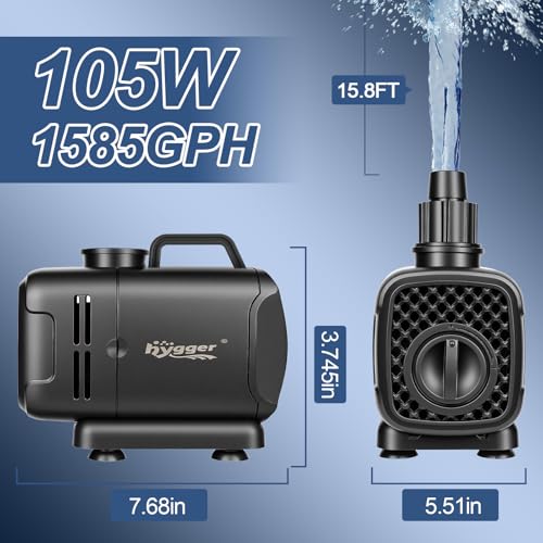 hygger 2-in-1 1585GPH Submersible Pump 105W,Side and Bottom Suction Fountain Water Pump with 15.8ft High Lift,Water Change with 4 Interchangeable Nozzles for Aquarium, Fish Tank, Hydroponics,Pond - size: 105W-15.7FT