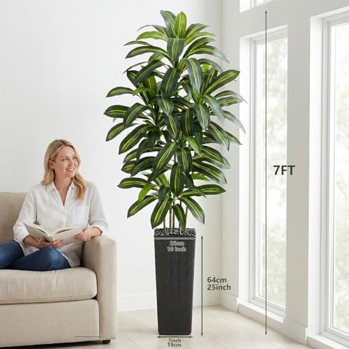 Artificial Dracaena Tree: 7FT Fake Plants Silk Faux Trees(Black Pot) | Realistic Fake Floor Plant with Natural Wood Trunk & Lifelike Leaves in Tall Planter for Home Office Decor Indoor & Outdoor - color: Dark Green – Black Pot, size: 7FT