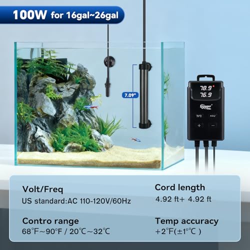 hygger Aquarium Heater,Submersible Fish Tank Heater with External Digital Display, Including Overheat & Leakage Protection and Temperature Sensor for Freshwater and Saltwater (100W for 16gal~26gal) - size: 100W for 16gal~26gal