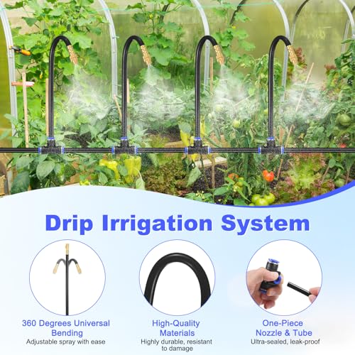 M METERXITY 1-Set Drip Irrigation System, 66Ft 5/16" Hose Garden Watering Misting System with 22pcs 360° Adjustable Copper Nozzles for Greenhouse/Yards/Lawn, Atomizing Watering Accessories - color: Black + Gold Tone, size: 66Ft 5/16"