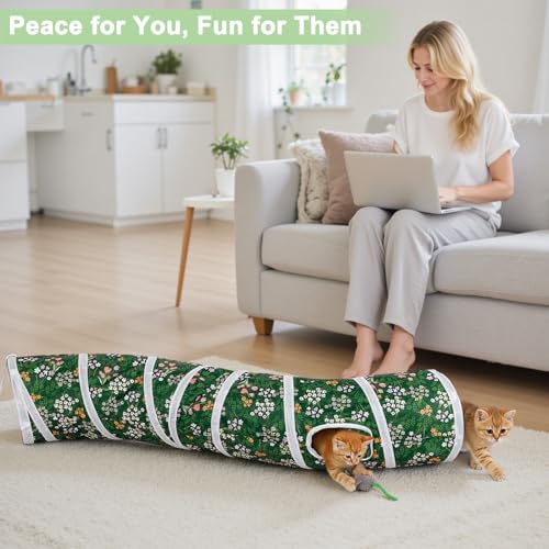 Glittme S-Shape Cat Tunnel, Foldable Cat Tunnels for Indoor Cats | Interactive Bunny Tunnel And Cat Tubes With Crinkle Sounds. Ideal For Kittens, Ferrets And Small Pets To Hide, Play Or Rest - color: Green Flowers