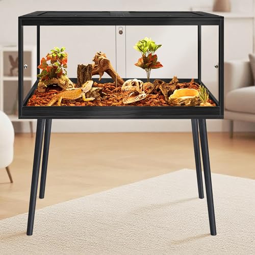 Bearded Dragon Tank with Leg Stand 34 Gallons, Wooden Lizard Tank,Reptile Tank with Metal Mesh Roof Door, Acrylic Panel Snake Tank with Lock Design (Black, 32"x16"x16") - color: Black, size: 32"x16"x16"