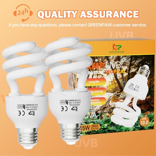UVB Reptile Light Bulb 10.0: Bearded Dragon 15W Reptile UVB Light 2 Pack, UVA UVB Light for Reptiles Terrarium Compact Fluorescent Lamp, Desert UVB Bulb for Tortoise, Lizard - with UV Sensor Card - size: 5.5INCH-10.0