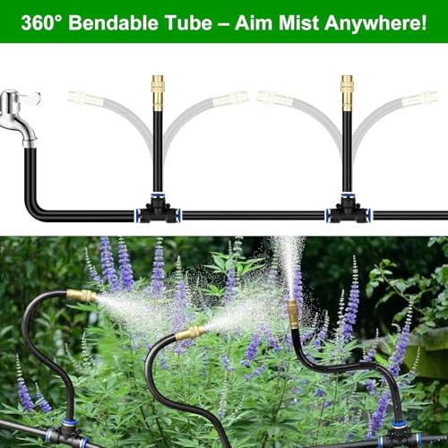 50FT Drip Irrigation System for Garden – Automatic Watering Kit with Solid Brass Metal Connectors, 360° Bendable Tubing &16 Adjustable Nozzles for Greenhouse, Lawn, Yard & Plants - size: 50 FT
