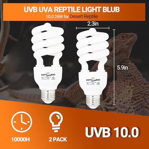 REPTI ZOO UVB Light for Desert Reptile 2 Pack, 10.0 26W UVA UVB Reptile Light Bulb, UVB Spiral Compact Lamp for Bearded Dragons Tortoises Lizards Snakes - size: 10.0 26W