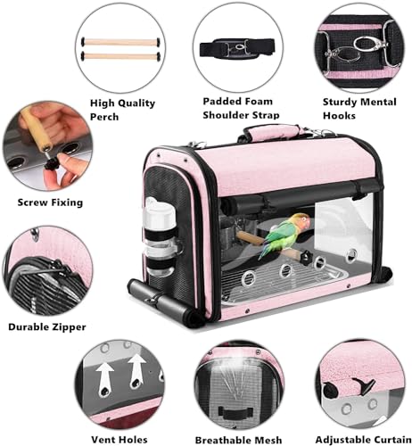 Bird Carrier Bag with Stand, Lightweight Backpack for Parrot, Portable Cockatiel Travel Cage with Accessories, Pet Transparent Breathable Carrier, Pink - color: Pink, size: 17.6"L x 10.6"W x 13.3"H