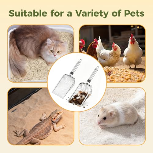 2 Pack Stainless Steel Metal Chicken Cat Poop Scooper(3.8mm+5.0mm) | Coop Scoop Shovel, Chicken Coop Cleaning Tool, Sifting Rake for Chicken Litter, Ergonomic Handle, Easy to Clean