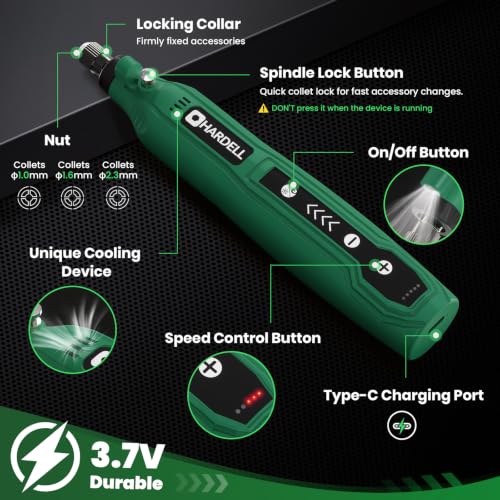 HARDELL Mini Cordless Rotary Tool, 5-Speed USB-C 69pcs Kit for DIY Crafts | 3.7V, 5,000-18,000 RPM, Ultra-Light, USB-C Charging,LED Work Light – for Sanding, Polishing, Engraving, Drilling,Cutting - color: Green