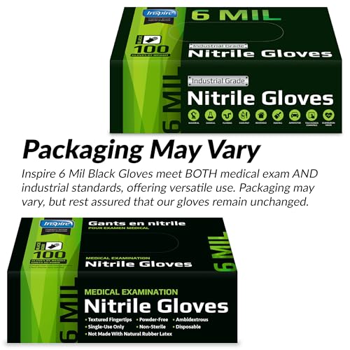 Inspire Black Nitrile Gloves HEAVY DUTY 6 Mil Nitrile Chemical Resistant Medical Cooking Cleaning Disposable Black Gloves - size: XL, style: Black 6mil Box of 100