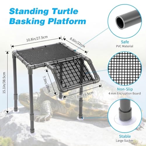 SKARUS Standing Turtle Basking Platform Ramp for 15-75 Gallon Aquariums | Adjustable Height 6.49"-15.16", 10.8"x8.6" Resting Dock, Non-Slip PVC Mesh, DIY Habitat, Reptiles, Terrapins - color: Grey, size: 10.8"W