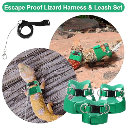 3 Pack Bearded Dragon Harness and Leash Set with 3 Sizes Vests | Adjustable Bearded Dragon Accessories, 6.56ft Lead For Reptile Training Walking, Rust-Proof Swivel Hook, Easy To Wear, Green - color: Green