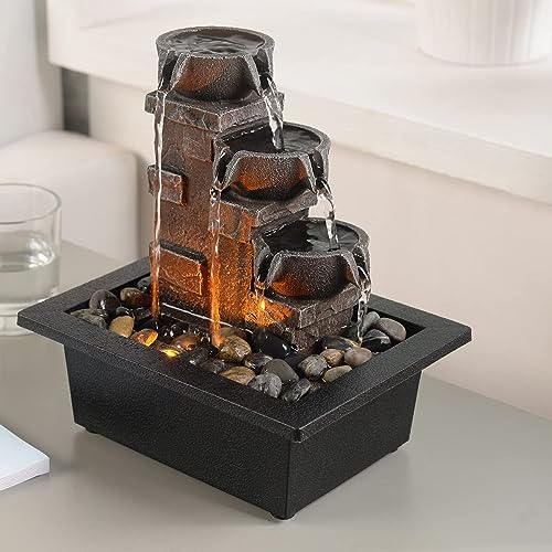 3-Tier Stone Wall Tabletop Water Fountain with Natural River Rocks, LED Lights, Zen Meditation Waterfall for Office and Home Decor, Relaxing Desktop Fountain, Christmas Decoration - color: Gray Stone