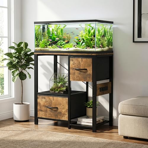 20-29 Gallon Fish Tank Stand, Aquarium Stand with Power Outlet | Heavy-Duty Metal and Wood Aquarium Stand with 6-Leg Support and 4-Tier Open Storage Shelves - color: Brown
