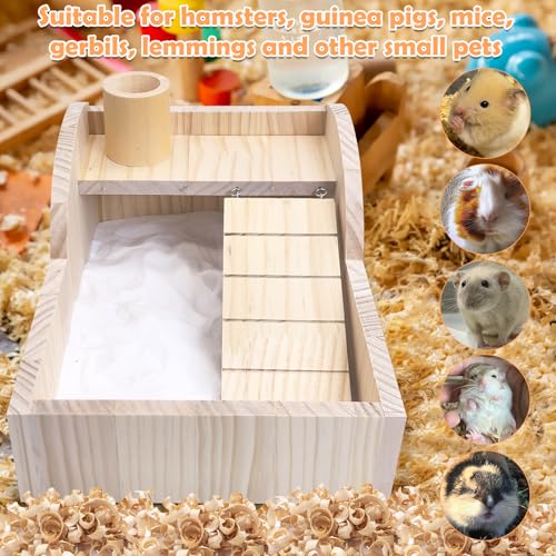PINVNBY Hamster Sand Bath Box Wooden Small Animals Shower Room & Digging Sand Bath Container with Bowl for Dwarf Syrian Mice Mouse Gerbil and Other Small Animals