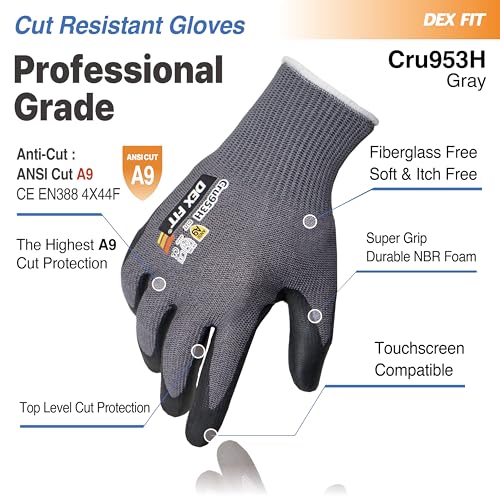 DEX FIT Cru953H Level A9 Cut Resistant Gloves, Fiberglass-Free, Power Grip Foam Nitrile, 3D Comfort Fit, Touchscreen, 13-Gauge for Sheet Metal, Stamping, Glass, Recycling; Gray M (8) 1 Pair - color: A9 Gray, size: Medium
