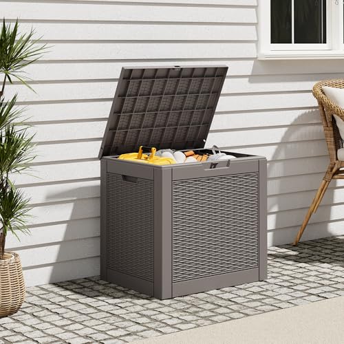 Outdoor Storage Box, Resin Deck Boxes Indoor and outdoor, Waterproof Storage Box Lockable Lid (Grey,32 Gallon) - color: Rattan Grey, style: 32 Gallon