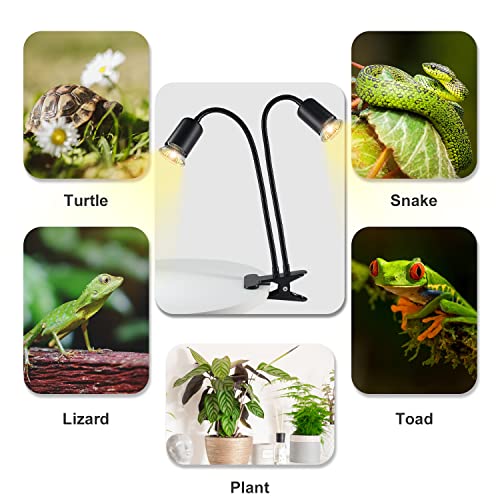 TFNN Reptile Heat Lamp, Double-Head Heat Lamp with Clamp, UVA UVB Reptile Light with Intelligent Cycle Timer for Turtle, Bearded Dragon, Lizard and More, 2 Bulbs 25W+50W