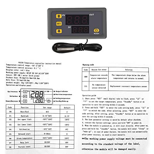 UMLIFE 1PCS W3230 DC24V Probe line 20A Digital Temperature Control LED Display Thermostat with Heat/Cooling Control Instrument - color: DC 24V