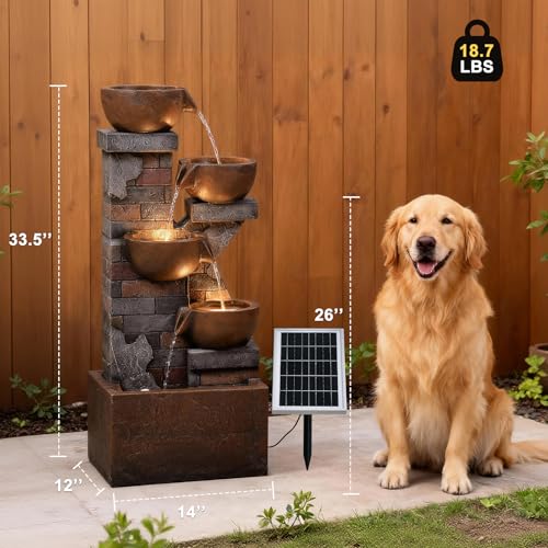 5 Tiers Solar Outdoor Water Fountain - 33.5" H Shape K Indoor Waterfall Fountain with LED Lights for Patio, Balconies, Lawns, Deck, Porch Backyard and Home Art Decor - color: Brown Brick 33.5" Solar Powered
