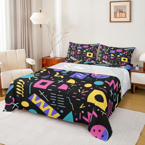 Erosebridal Memphis Sheet Set Retro 80S 90S Hip Hop Bed Sheets Set King Size,Modern Colorful Geometric Sheets for Kids Boys Teen Girls Fashion Style Top Sheet - color: Black Pink Yellow, size: King