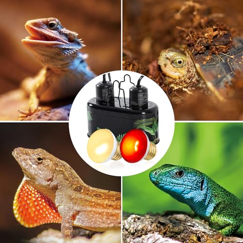 REPTI ZOO Nano Dual Dome Reptile Light Fixture and 25W Reptile Heat Lamp Combo Pack, Mini Daylight Basking Spot Heat Lamp & Nano Heat Emitter Basking Spot Lamp