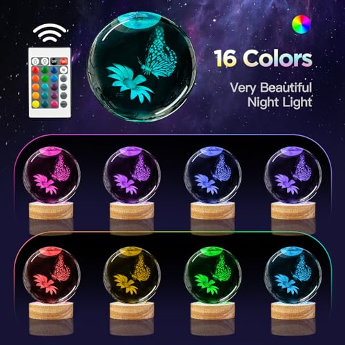 3D Crystal Ball Night Light with Wooden Base, 3.15" Butterfly & Flower Figurine Glass Lamp with 16 Colors, Cute Desk Decor for Bedroom Gifts - color: Butterfly