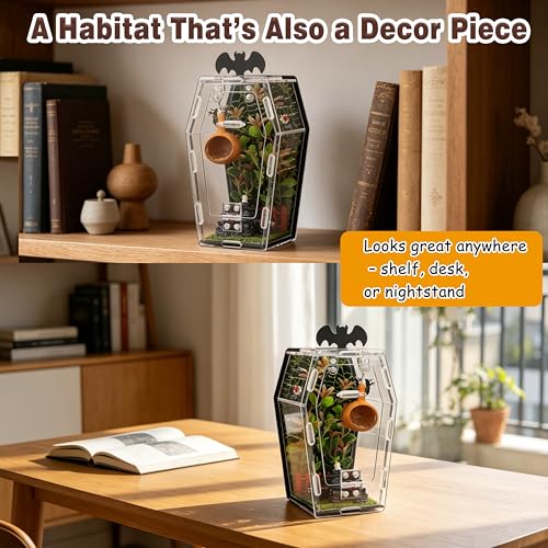 19PCS Jumping Spider Enclosure Kit, Acrylic Goth Coffin Terrarium with Magnetic Lock & Feeding Hole, DIY Decor Set for Tarantula Mantis Insect Habitat, Black Base
