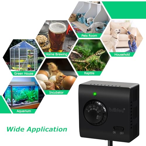 Adjustable Thermostat, Briidea Plug in Heating & Cooling Thermostat with LED Indicator, Compatible with Space Heater, Window Air Conditioners, Fans, Ideal for Household, Reptile, Greenhouse, Black - color: Black