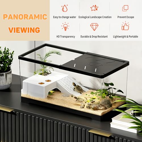 Aquatic Turtle Fish Tank 24" x 10" x 11", 11 Gallon Reptile Terrarium with Basking Platform & Bottom Drainage, PC Material Habitat Enclosure for Juvenile Turtle, Crayfish, Crab, Amphibian