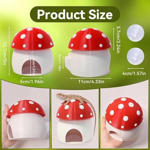3D Red Mushroom House Reptile Hides and Caves, Reptile Hideout | Shelter for Geckos Bearded Dragons Chameleons Frogs with Dual Suction Cups for Wall or Ground