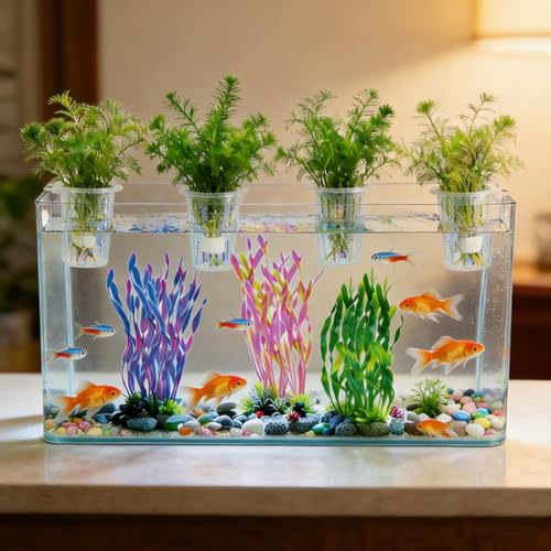 4 Pack Aquarium Plant Holder for Live Plants, Fish Tank Pothos Basket | with 24 Adjustable Hooks (3 Sizes) & 8 Suction Cups, Aquatic Planter for Aquascape Decorations, Emersed Plant Support