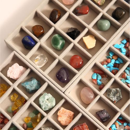 Rock Display Case, 54 Girds Rock Collection Display, Rock Collection Box for Kids with Acrylic Cover and Velvet Compartment, Gemstone Display Case for Stones, Crystals, Gems (Grey) - size: Grey