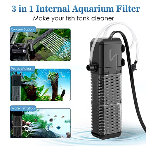 AQQA Submersible Aquarium Filter, Adjustable Flow with Aeration System | Ultra Quiet, Biochemical Sponge Filtration, Fish Tank Filter Built-in Rainfall Aerator, Fits Tanks Up to 70 Gallon, 211GPH - size: M(211GPH-9W)