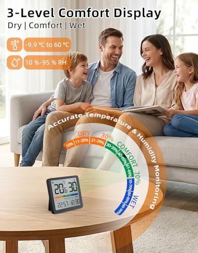 Digital Hygrometer Indoor Thermometer, Humidity Monitor with Calibration | Digital Temperature & Humidity Gauge, Clear LCD Display with Clock, Comfort Indicator for Home, Office, Basement & Greenhouse - color: Black, size: 1 Pack