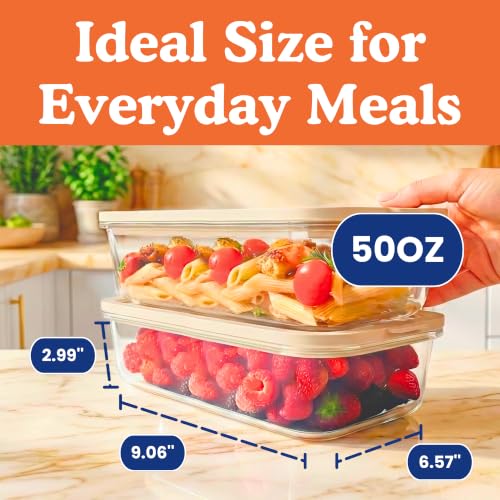Non-Toxic Glass Food Containers with Lids, 2-Pack, 50 oz, Airtight, Beige | Plastic & BPA free. Glass body, glass lid & platinum silicone seal. Airtight & leakproof. Freezer & microwave safe. - color: Beige, size: 50 Oz