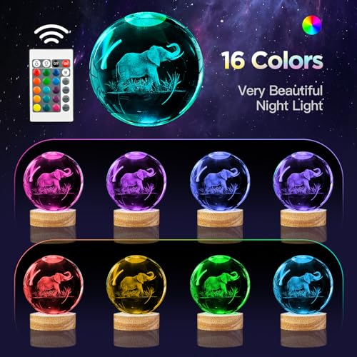 3D Elephant Crystal Ball Night Light with Woodern Base, 3.15" Elephant Figurines Glass Lamp with 16 Colors Cool Desk Decor Elephant Gifts for Women Kids Friends Adults - color: Elephant