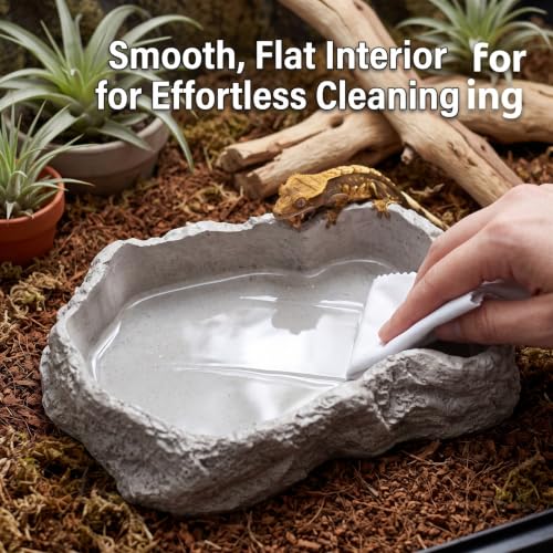 Reptile Water Dish 600ml Tortoise Food Bowl - Natural Rock Texture Reptile Bowl, White, 8.9" X 6.50" X 1.77", Snake Water - color: White