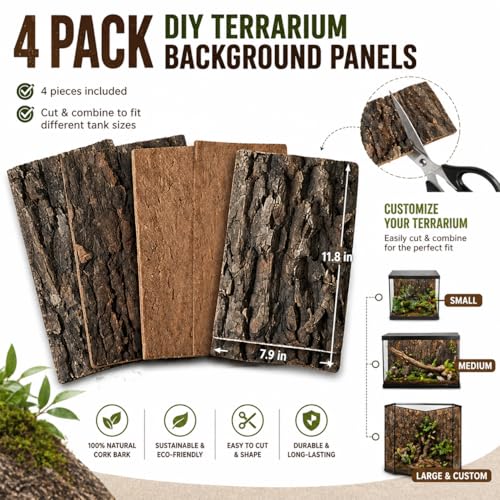 Natural Cork Bark Background for Reptile Terrarium, 4 Pack 11.8 x 7.9 Inch Cork Bark Flats, DIY Reptile Enclosure Background Climbing Wall for Gecko Bearded Dragon Lizard Snake Vivarium