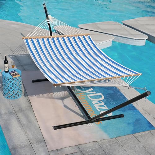 Lazy Daze Double Textliene Quick Dry Hammock with Spreader Bar for Outdoor | 11 Ft Hammock for 2 Person, Weather Resistant Fabric, 450 Lbs Capacity, Hammock Bed 78 x 55 In with Carabiners, Chains - color: Blue Stripes