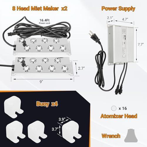 Ultrasonic Mist Maker Fogger 16 Heads, 13000ml/H Ultrasonic Mister | 600W & IP67 Waterproof Power Supply, with 2 Floats & 16 Atomizer Heads Replacements for Fountain Pond, Halloween - size: 16 Heads
