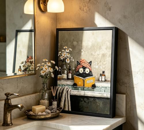 Funny Black Cat Bathroom Wall Art, Cute Cat in Bathtub Reading Book Framed Canvas Wall Decor, Whimsical Spa Day Print for Bathroom, Restroom, Toilet, 8x10 Inch - color: Cat B, size: 10"L x 8"W