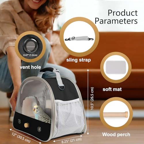 Bird Travel Carrier, Portable Small Bird Parrot Parakeet Carrier with Standing Perch and Mat, Side Access Window Collapsible (Black, Clear Windows) - color: Black