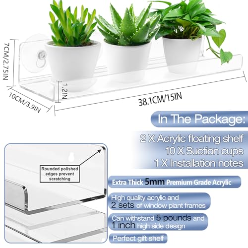 2-Pack 15 Inch Acrylic Window Boxes Plant Shelves, with Suction Cup Window Sill Extender, for Indoor/Outdoor Succulents, Micro Greens, Seed Starter Pots, Herb Planters - size: 15IN-2PC