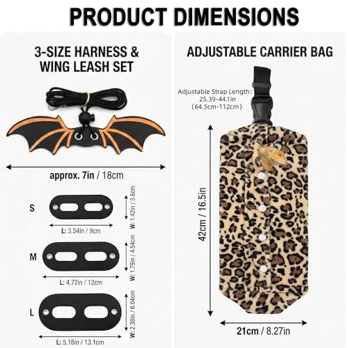 Bearded Dragon Carrier Sling & Bat Wing Leash Harness Set, Soft Flannel Reptile Travel Bag with 3 Size Chest Pads, Adjustable Outdoor Walking Accessories for Lizards Geckos (Leopard-Print) - color: Leopard-print