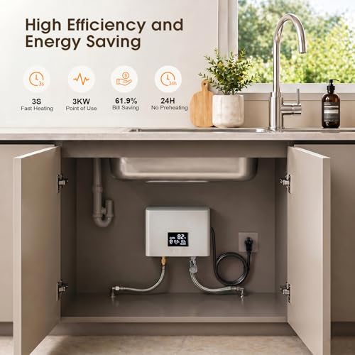 Electric Tankless Water Heater, Instant On-Demand Hot Water System with Digital Display & Remote Control, Bathroom/Kitchen, Constant Temperature, WHRITE with Plug (110V/3000W) - color: White