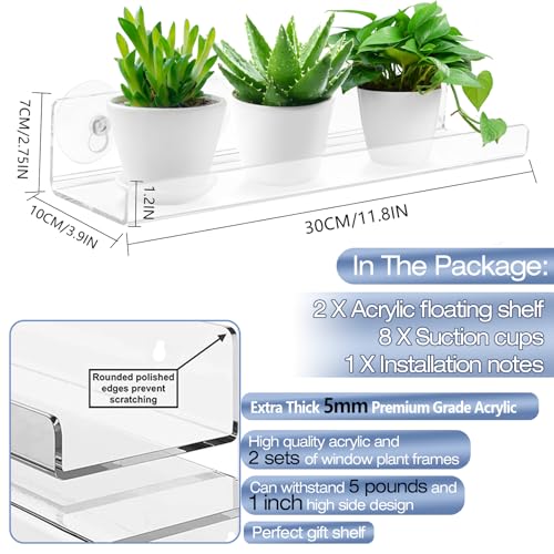 2 Pack 12 Inch Acrylic Window Boxes Plant Shelves, with Suction Cup Window Sill Extender, for Indoor/Outdoor Succulents, Micro Greens, Seed Starter Pots, Herb Planters - size: 12IN-2PC